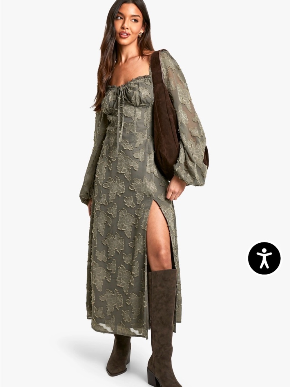 Boohoo Olive Green Textured Long-Sleeve Midi Dress
